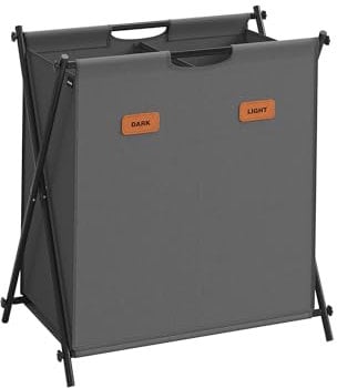SONGMICS Wäschekorb, Wäschesammler 115 Liter, Wäschebox, 2 Fächer, klappbares X-Gestell, individuelle Etiketten, für Waschküche, Schlafzimmer, Badezimmer, schiefergrau LCB120G01