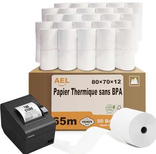 Amazinnov-Pack de 50 Rouleaux 80x70x12mm, 55 g/m² de Papier Thermique Haute Qualité pour tickets de guichet : Compatible Toutes Marques,Idéal pour les reçus de guichet(80x70x12mm,Lot50)