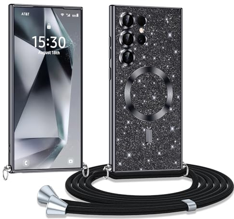 Phoona Handyband Hülle für Samsung Galaxy S24 Ultra mit Band, Glitzer Handyhülle Kompatibel mit MagSafe, Ganzkörperschutz Kratzfeste Stossfest Schutzhülle mit Einstellbar Kette, Schwarz