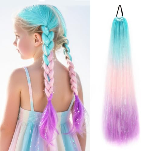 JIAMEISI Extension a coda di cavallo arcobaleno, 66 cm, 100 g, sintetiche, con elastico per intrecciare, colorate sfumate, coda di cavallo blu, rosa, viola (X32)