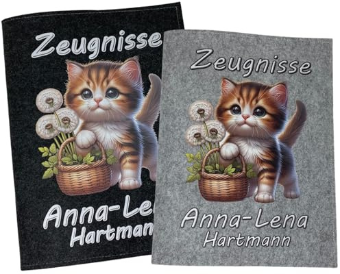Zeugnismappe mit Namen - Mädchen und Jungen - Personalisiert Filz A4 Katze - Dokumenten Urkunden Mappe Kinder - Hefter Zeugnisse - Sichtbuch Grundschule
