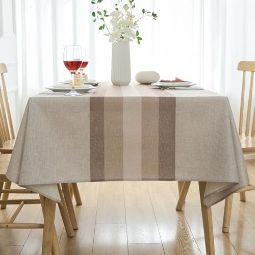 Tischdecke Rechteckige Leinenoptik 200x140 Beige Streifen Tischwäsche Modern Abwaschbar Outdoor Tischtuch Fleckschutz Tischdecken Landhausstil für Drinnen Draussen Garten Esszimmer Party