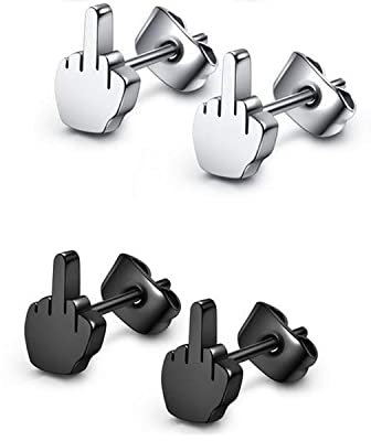 2Pairs Punk Stainless Steel Silver Black Middle Finger/Cross/Spike/Round Flat Ear Studs Earrings Womens Mens Earrings Set Stylish