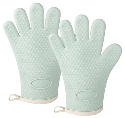 JIIJCAAC Silicone Oven Mitts Pair - Heat Resistant Up to 446°F, Non-Slip Grip Gloves for Baking/Grilling, Green Kitchen Accessories