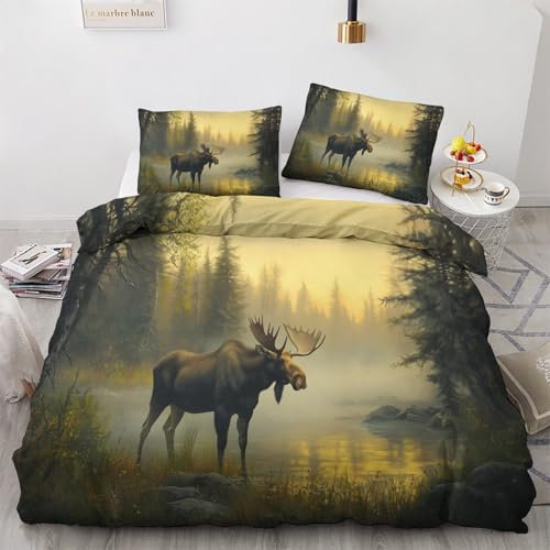 Generisch Elch Deko - Winter Bettwäsche 135x200 Elch, Rustikale Wilde Tiere Bettbezug 135 x 200 2er Set mit 1 Kissenbezug 80x80, Weiche Mikrofaser Winterbettwäsche mit Reißverschluss S*&260