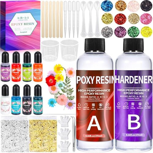 Purpledi Resina Epossidica Trasparente, Resina Epossidica Kit Principianti 510ml, Kit Completo con Glitter per Creazione Gioielli Fai da Te Legno Pittura Decorazione Artigianale