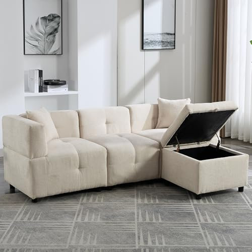 BTM Sectional Sofa 3 Seater, L shape Corner Sofa with Removable Storage Ottoman, Corner Sofa with Storage for Home/Apartment/Office Living Room, Beige