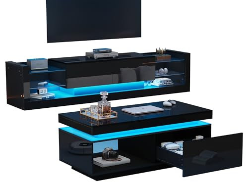 VSOGA Meuble TV mural noir avec table basse et éclairage LED haute brillance pour salon