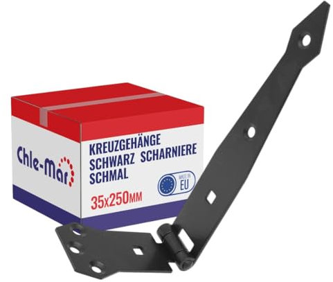 Chle-Mar – Schmale Scharniere Schwerlast für Holztüren 35 x 250 mm | Stabiles Gartentor Scharnier | Robustes Ladenband für Türen & Möbel | Schwarzes Tor Scharnier Wetterfest | Kreuzgehänge Langlebig