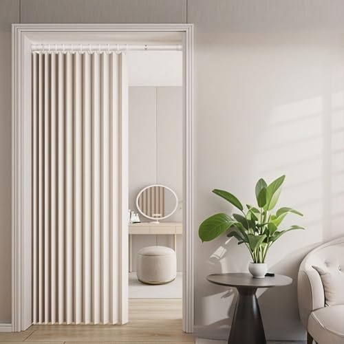 Icegrey Magnetischer Türvorhang für Türen, Leinen, Akkordeon-Stil, Türvorhänge für offenen Schrank, Schlafzimmer, Verdunkelung Falttürabdeckung für Tür, 1 Vorhang, Beige 2color