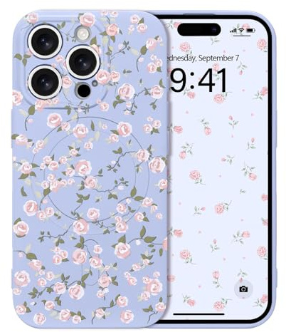 Micoden Magnetic Case for iPhone 15 Pro,Compatible with Magsafe,Cute Vintage Rose Flower Floral Aesthetic Silicone Cover,Slim Soft TPU Shockproof Protective Phone Case for Girls Women-Purple