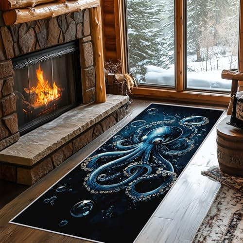 Generisch Teppich Läufer 90 x 200 cm Oktopus, Ozean Tiere Kraken Blau Tentakel Muster Teppichläufer Flur, Oktopus Teppich Kurzflor rutschfest für Küche, Korridor, Schlafzimmer, Wohnzimmer a590