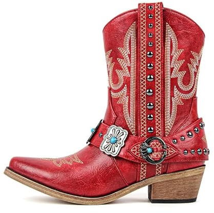 Only maker Cowgirl Western Boots for Women-Ankle High Embroidery Pointed Toe Cowboy Rodeo Country Concert Shoes Boot Red US8