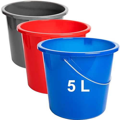 Eimer 5l 3er Set Putzeimer 5L Kunststoff mit Metallgriff & Messskala, Lebensmittelecht, Kleiner Eimer Haushaltseimer Plastikeimer, Made in EU