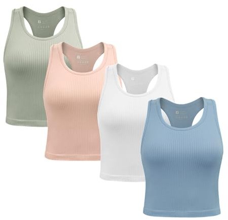 SPORME RUNNING 2/3/4er Damen Sport Tops mit integriertem BH Rippiertes Racerback Tank Top Nahtloser Atmungsaktiver Crop Top Camisole für Fitness, Yoga, Gym & Alltag
