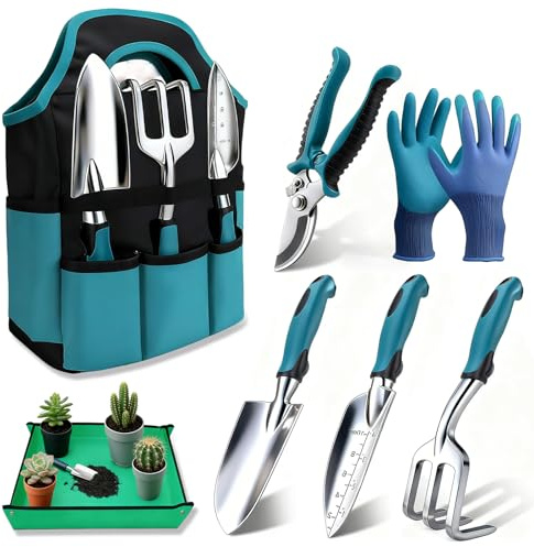 Kit à Outils de Jardinage 7 Pièces, Ensemble Cadeau de Jardin Résistant à la Rouille avec Sac de Maintien Robuste pour Le Stockage, Cadeaux de Jardinage Idéaux pour Femmes et Hommes