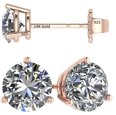 14K Gold Post & Sterling Silver Zirconia 3 Prong Martini Stud Earrings - Platinum Plated 5.50mm 1.50cttw