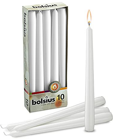 BOLSIUS 25,4 cm weiße Stabkerzen, 8 Stunden Brenndauer, Premium-Qualität, 10 Stück, geruchlos, rauchfrei und tropffrei Haushaltskegel, perfekt für Kirche, Party und den täglichen Gebrauch