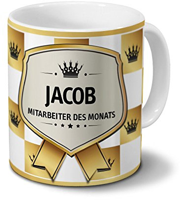 printplanet Tasse mit Namen Jacob - Motiv Mitarbeiter des Monats - Namenstasse, Kaffeebecher, Mug, Becher, Kaffeetasse - Farbe Weiß