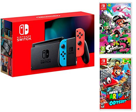 Nintendo Switch console Rouge/Bleu Néon 32Go + Super Mario Odyssey + Splatoon 2