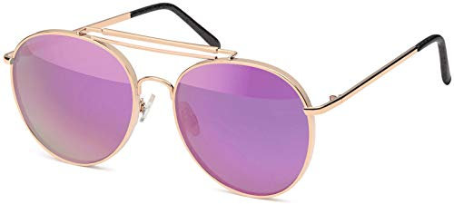 styleBREAKER Piloten Sonnenbrille mit dickem Metallrahmen, Doppel Metallsteg und Flachgläsern, Brille, Unisex 09020079, Farbe:Gestell Gold/Glas Pink verspiegelt