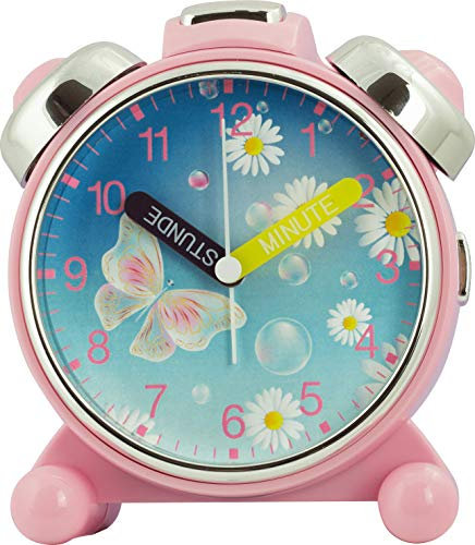 Eurotime Wecker für Mädchen mit Schmetterling, Rosa, Kinderwecker, Kunststoffglas, geräuscharmer Wecker, kein Ticken, mit Licht, Weckwiederholung, Glocken,- oder Melodie-Alarm wählbar, 24050-22