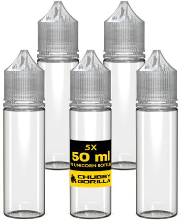 Chubby Gorilla V3 50ml PET Einhorn Plastikflaschen für E-Liquid - Leere Tropfflaschen - 5X 50ml (Klare Flasche mit klarem Deckel)