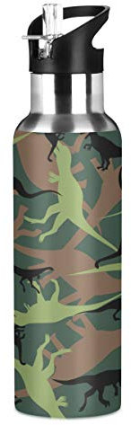 Bouteille d'eau en acier inoxydable avec paille, animaux de dessin animé mignon dinosaure gourde isotherme bouteille d'eau pour enfants adultes 600 ml, Dinosaur 015., 600 ml
