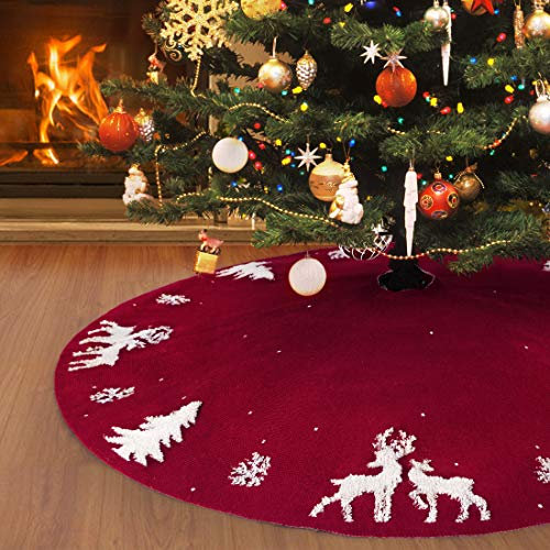 LOMOHOO Weihnachtsbaum-Rock 122cm gestrickt 3D-Elch-Weihnachtsbaum-Unterlage,Rustikaler roter Baumrock 48inch für Weihnachtsdekoration,für drinnen und draußen (Rot, 48 inches)
