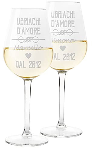 Colorfamily Coppia Calici Personalizzati Set da 2 calici Vino Personalizzati con Nome e Anno Ubriachi d'Amore - Bicchiere in Vetro 500 ml