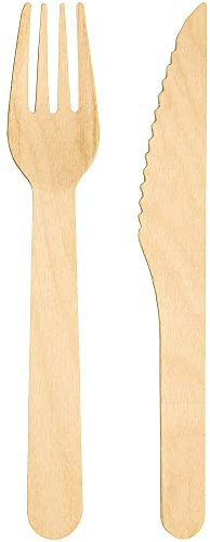 ECOCLEO® Eco Einweg Besteck 200 Stück Set | 100 Gabeln + 100 Messer | Lebensmittelecht aus Birkenholz | Holzbesteck Ideal für Grillen, Geburtstag und Party | EU Made