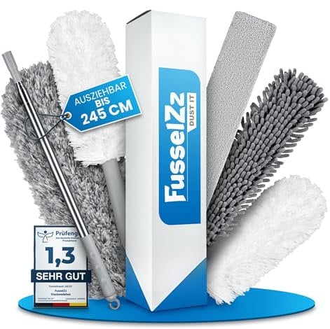 FusselZz® dust it Staubwedel teleskop waschbar [GROßES Set] – lang ausziehbar bis 2,45 m – Spinnwebenbesen mit Teleskopstiel – Magic Staubwischer für alle Duster Oberflächen, mikrofaserhaare