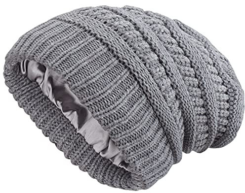 Naivlizer Winter Knit Beanie für Männer und Frauen Satin gefüttert Slouchy Beanie Cable Thick Chunky Cuff Beanie Hat, Slouchy Grey, Large