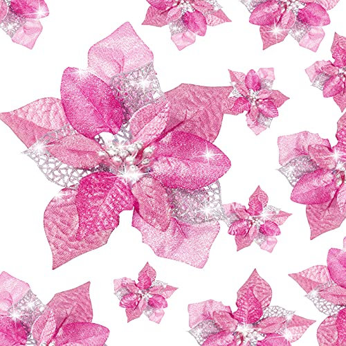 24 Stücke Weihnachten Funkeln Weihnachtsstern Blumen Funkeln Künstliche Weihnachten Blumen Hochzeit Weihnachtsbaum Neujahr Ornamente (Rosa)