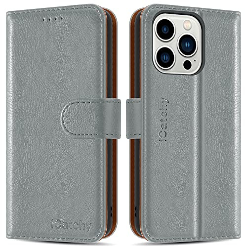 iCatchy for iPhone 13 Pro Case (6.1'') Leather Wallet Book Flip Folio Cover (Grey)
