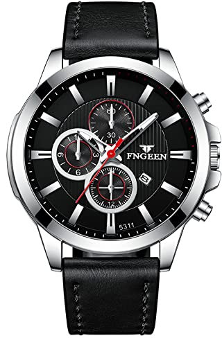 JewelryWe Herrenuhr Quarz Analog Armbanduhr 30M Wasserdicht Leder Armband Uhr mit Kalender und Leuchtend Zeiger Vatertagsgeschenk, Silber Gehäuse