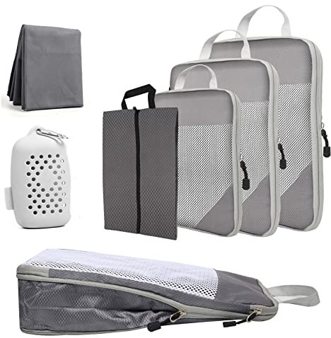 LaJasya Kompressions-Packwürfel, Koffer-Organisations-Sets mit schnelltrocknendem Handtuch und Silikon-Aufbewahrungshülle, leichte Kompressionssäcke für Rucksäcke, Reisekleiderbeutel für Gepäck