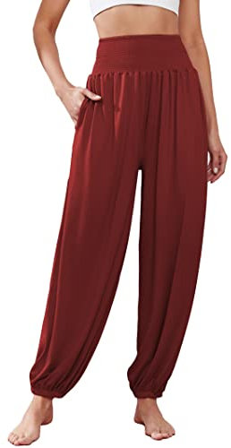 Famulily Damen Harem Hose mit Taschen Solid Color Elastiband Yoga Pilates Hose Leichte Walking Lounge Wein XXL