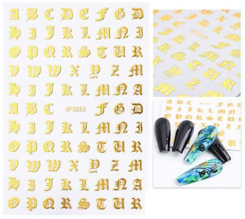Nail Jewels 3D Nail Art Stickers Decals (Bright Gold Gothic Lettering)