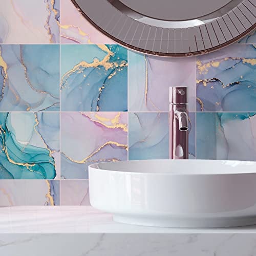 Alwayspon 24PcsX20cm/8inch Vinyl Wall Tile Sticker Transfer, Waterproof Sticky Back Tile Sticker for Kitchen Bathroom Self-adhesive Peel and Stick PVC Stick on Tile, Blue and Pink Marble Effect