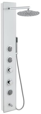 MENATT Weißes Glas-Duschpaneel-Turmsystem, Dusche Komplett, 304 Edelstahl und Glas, 4-in-1-Duschturmsystem mit 22,9 cm Duschkopf, 3 Körpermassagedüsen, Handbrause und Wannenauslauf