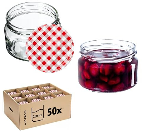KADAX 50st Einmachgläser 250 ml, Marmeladengläser mit Twist-Off Deckel fi82, Dessertgläser, Luftdicht & Spülmaschinenfest, Dickwandiges Glas, Auswahl an Schraubverschlüssen (Rot kariert)
