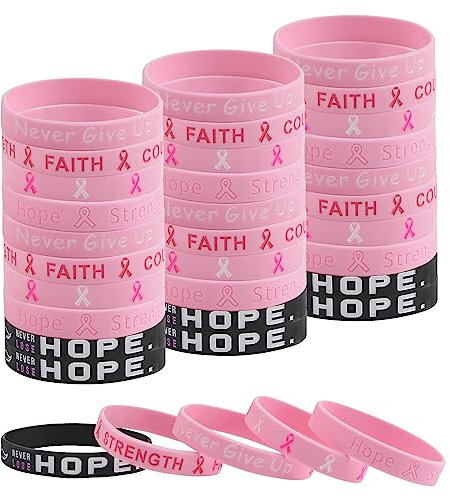WANDIC 30 PCS Octobre Rose Bracelet, Bracelet Ruban Rose Cancer du Sein en Silicone Accessoires Décoratifs Le Thème de la Foi et de l'espoir 5 Styles, pour Femme Les Activités
