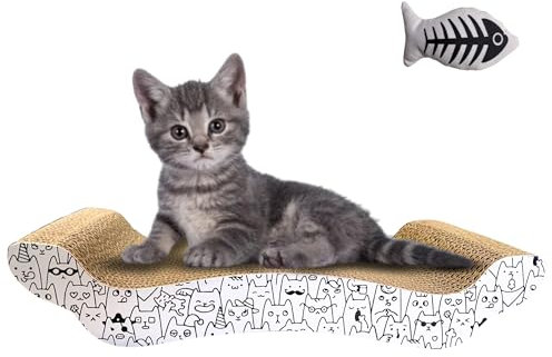 DOBLE HACHE - Rascador Cartón Arañazos para Gatos con Hierba Gatera 42,5 x 19 x 7,5 cm + Regalo
