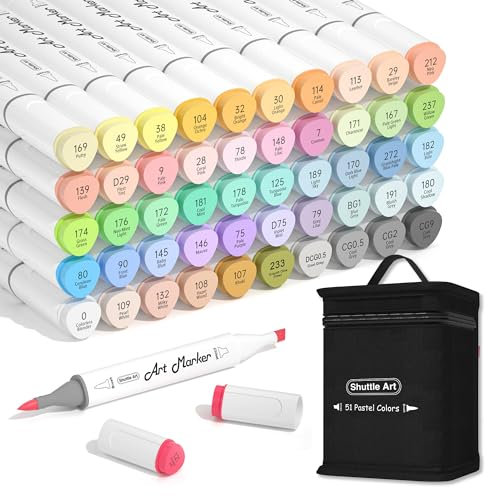 Shuttle Art 51 Pack Alcohol Markers Brush Tip, Pastel Colours Dual Tip Art Pens & Colourless Blender, Brush & Chisel Felt Tip Pens with Case for Artists Adult Illustration Colouring Sketching Drawing