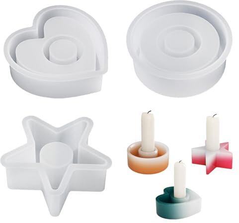 EACHPT Silikonform Kerzenhalter,3 Stück Kerzen Gießform Kerzenhalter Runde/Herz/Stern,Silikonformen Gießformen Weihnachten,DIY Silikonformen Epoxid Harz Kerzenhalter für Kerzenhalter,Heimdekoration