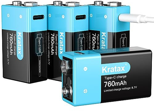 Kratax USB 9v Rechargeable Lithium Batteries,4 Pack 760mAh 9 Volt 6F22 Li-ion Battery,Long Lasting 1500 Cycles PP3 Battery - for Smoke Detectors,Microphones,etc.