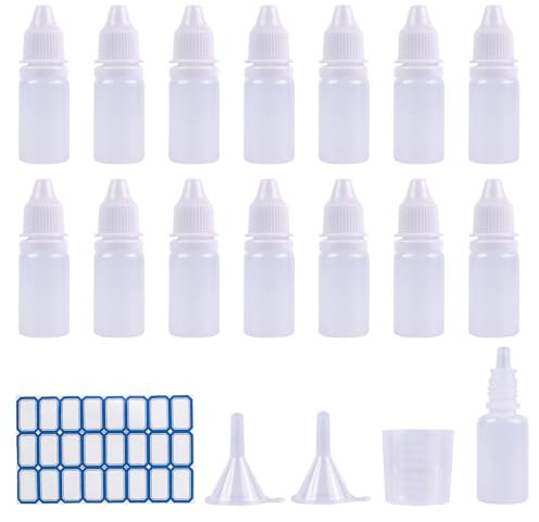 BOKFJBP 15 Pack 10ml/0.34oz Eye Dropper Bottle, Plastic Empty Squeezable Translucent Liquid Drop Bottle Mini Squeeze Eye Liquid Dropper Bottles with Label Funnel Measuring Cup for Home Work Travel