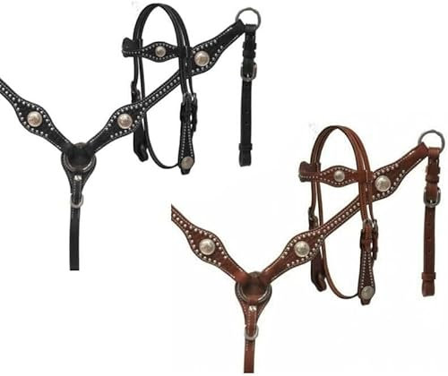 EQUIGEAR Western-Leder-Set mit handgefertigtem Kopfstück und Vorderzeug mit Zügeln. /Size-Full,Cob,Pony AO-0071 (Pony, Black)