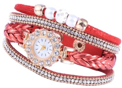Holibanna Damen Quarzuhr Mit Perlenbesatz Rotes Mehrschichtiges Gewebearmband Modische Armbanduhr Für Alltag Und Party
